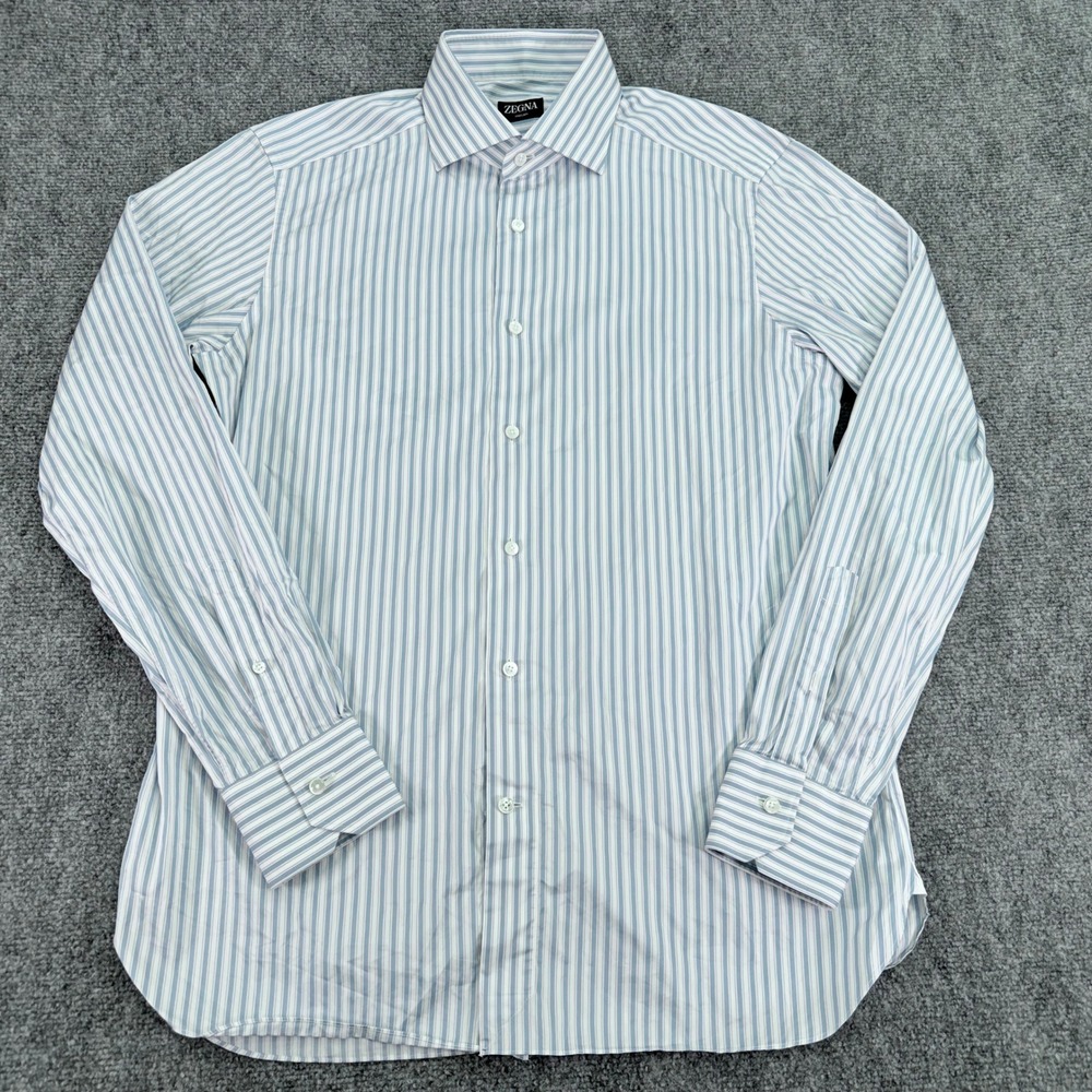 Zegna Trecapi Shirt Mens 16 41  Blue White Striped Milano Business Cotton